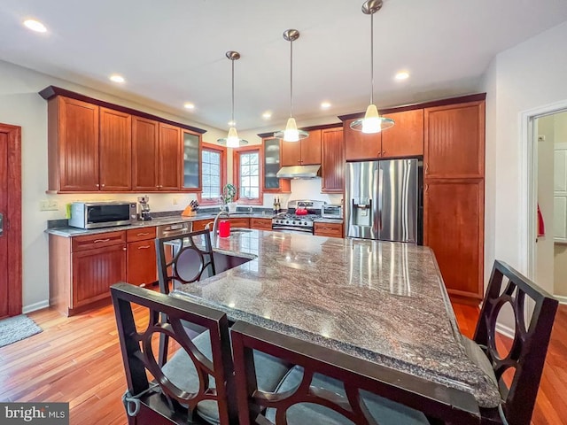 kitchen with light wood-type flooring, dark stone countertops, a kitchen breakfast bar, pendant lighting, and stainless steel appliances