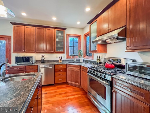 kitchen with appliances with stainless steel finishes, sink, dark stone countertops, and light hardwood / wood-style floors