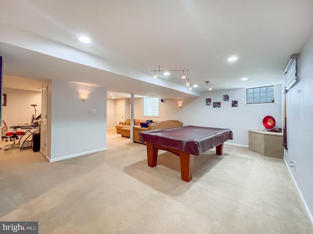 game room with light colored carpet, pool table, and track lighting