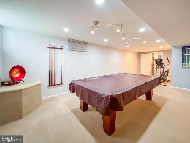 rec room featuring billiards and light carpet