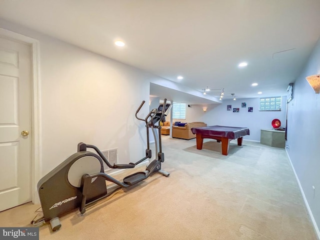 playroom featuring plenty of natural light, light colored carpet, and billiards