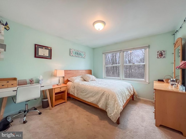 bedroom featuring light carpet