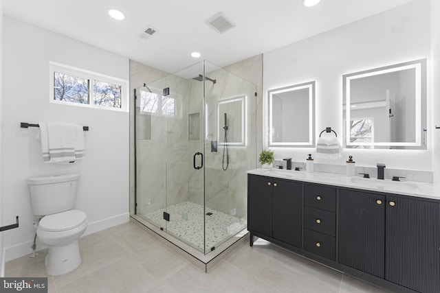 full bath with toilet, recessed lighting, a sink, visible vents, and double vanity