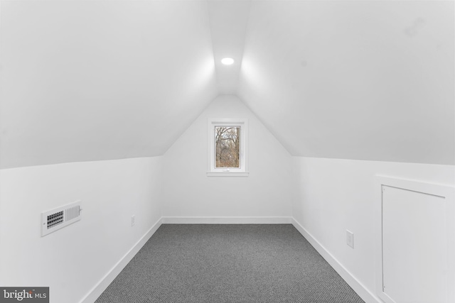 additional living space featuring lofted ceiling, baseboards, visible vents, and carpet flooring