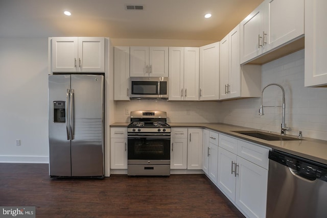 kitchen featuring appliances with stainless steel finishes, sink, white cabinets, and dark hardwood / wood-style floors