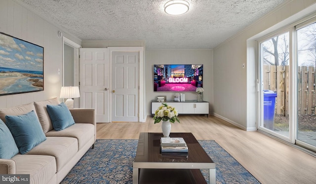 living room featuring crown molding, a textured ceiling, and light wood-type flooring