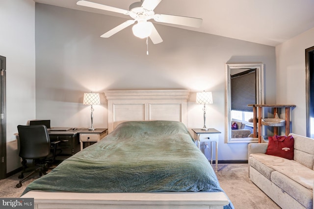 carpeted bedroom featuring vaulted ceiling and ceiling fan