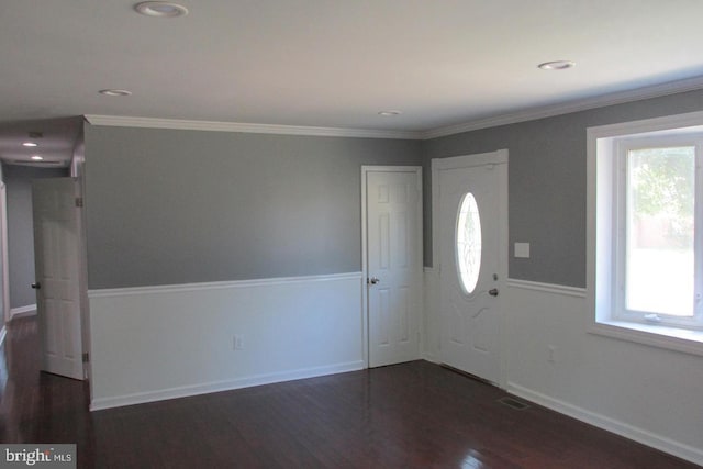 foyer with crown molding, a wealth of natural light, and dark hardwood / wood-style flooring