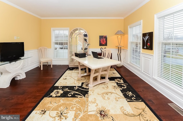 office with crown molding and dark wood-type flooring