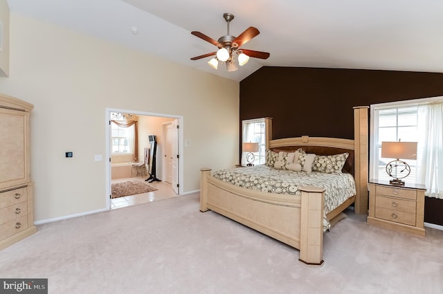 bedroom featuring lofted ceiling, carpet flooring, and ceiling fan