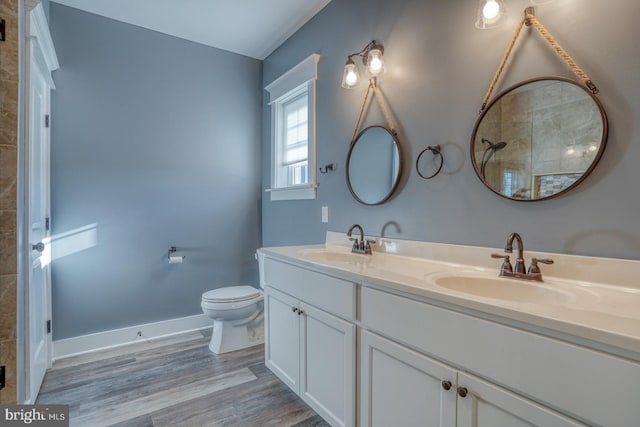 bathroom with hardwood / wood-style flooring, vanity, and toilet