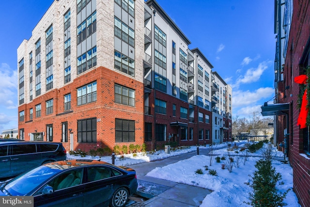 view of snow covered building