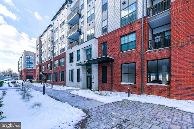 view of snow covered building