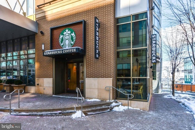 view of snow covered building