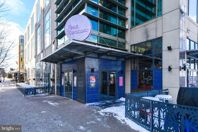 view of snow covered building