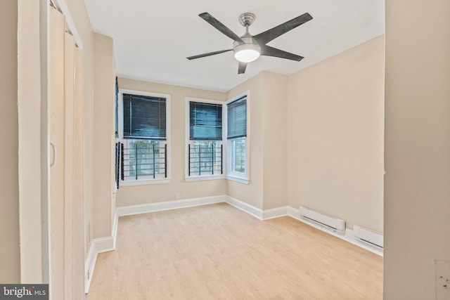 empty room with light hardwood / wood-style flooring and ceiling fan