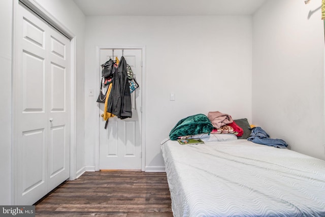 bedroom with dark hardwood / wood-style floors and a closet