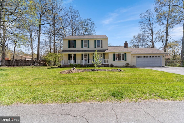 1762 Red Oak Ln, Waldorf, MD 20601 - view of front of house featuring concrete driveway, a chimney, a front lawn, a porch, and a garage