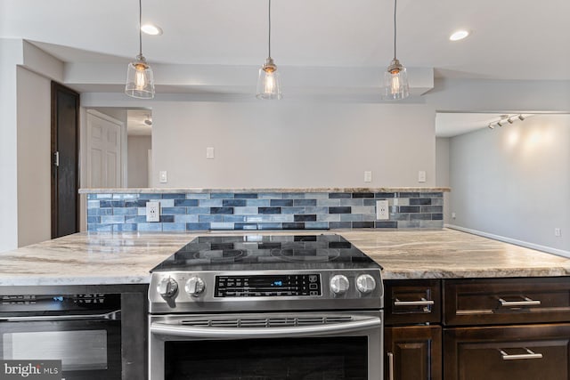 1762 Red Oak Ln, Waldorf, MD 20601 - kitchen featuring decorative backsplash, stainless steel electric range, oven, and dark brown cabinetry