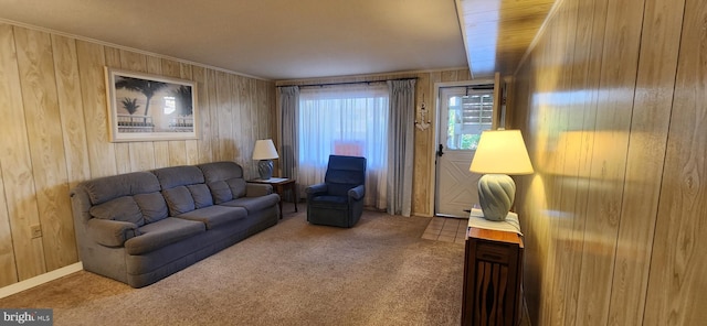 living room with carpet floors and wood walls