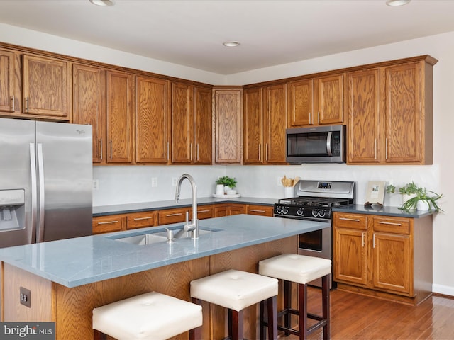 kitchen with appliances with stainless steel finishes, a breakfast bar, sink, and a center island with sink