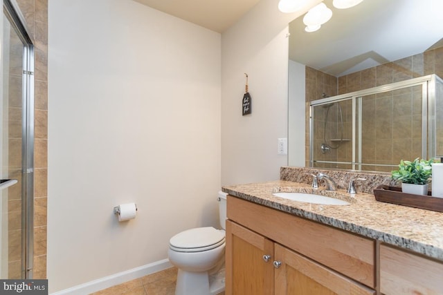 bathroom featuring vanity, baseboards, a shower stall, tile patterned floors, and toilet