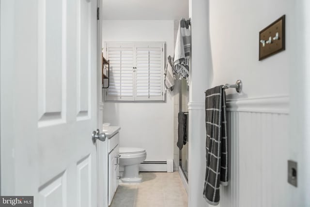 bathroom with walk in shower, tile patterned floors, toilet, baseboard heating, and vanity