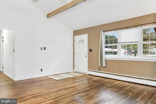 foyer with a baseboard heating unit, hardwood / wood-style flooring, and vaulted ceiling with beams