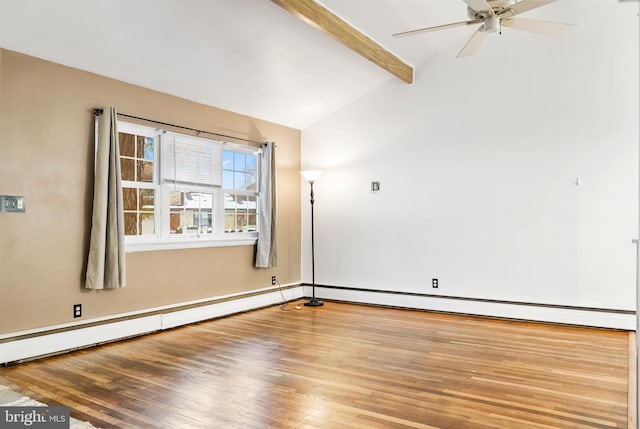 unfurnished room with a baseboard heating unit, hardwood / wood-style flooring, lofted ceiling with beams, and ceiling fan