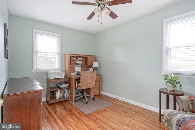 home office with light wood-style flooring, baseboards, and ceiling fan