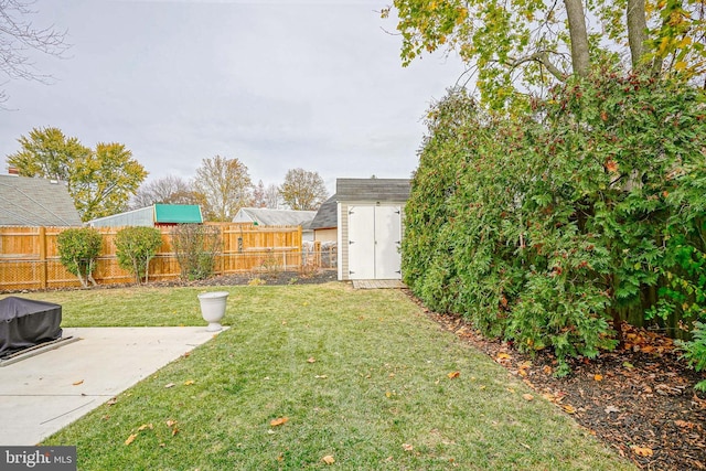 view of yard with a patio area, a fenced backyard, an outdoor structure, and a storage shed