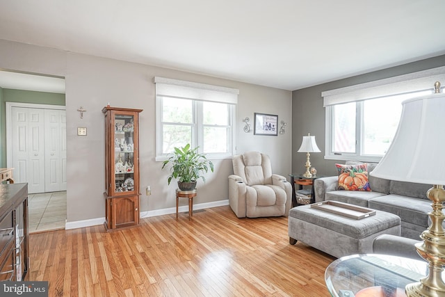 living room featuring light wood-style flooring, baseboards, and a wealth of natural light