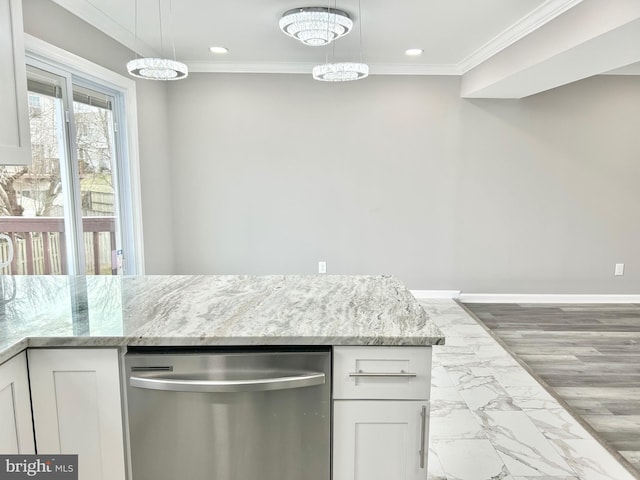 kitchen with dishwasher, ornamental molding, white cabinets, and decorative light fixtures