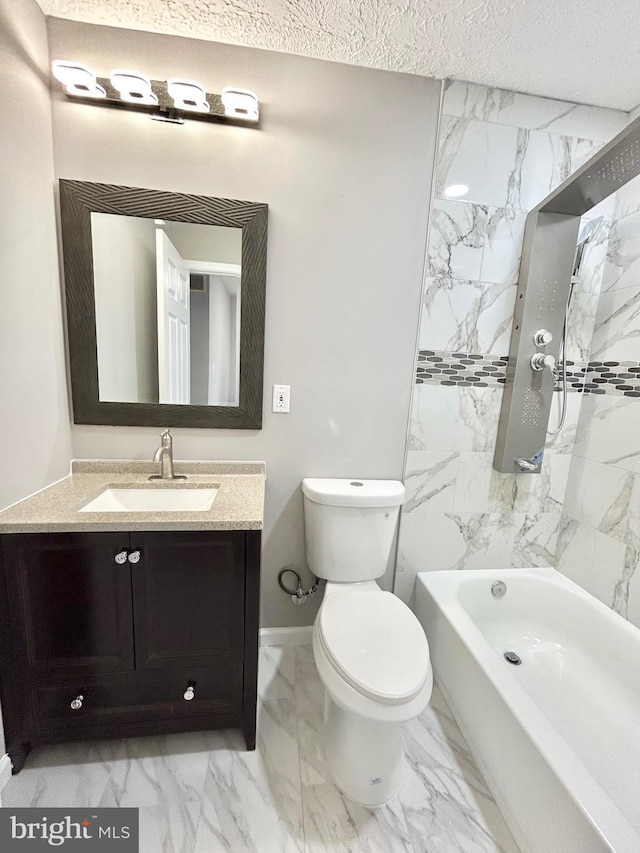 full bathroom featuring vanity, tiled shower / bath, a textured ceiling, and toilet