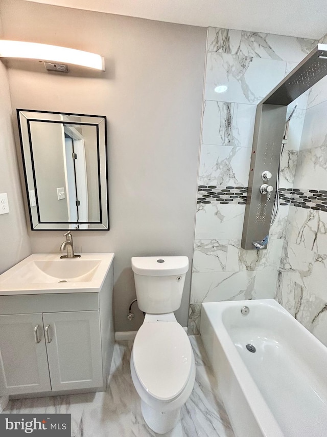 full bathroom featuring vanity, tiled shower / bath combo, and toilet