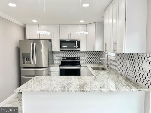 kitchen with sink, appliances with stainless steel finishes, white cabinetry, tasteful backsplash, and kitchen peninsula