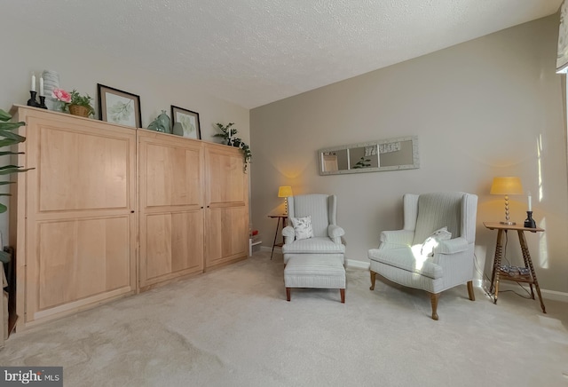 sitting room with light colored carpet, a textured ceiling, and baseboards