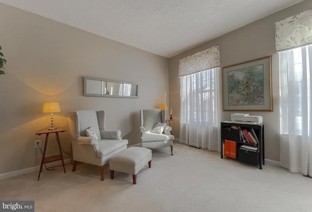 sitting room with a textured ceiling, baseboards, and carpet flooring