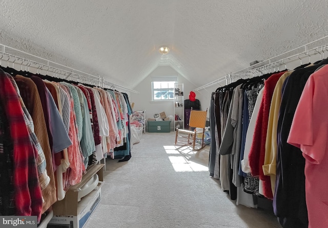 walk in closet with carpet floors and lofted ceiling