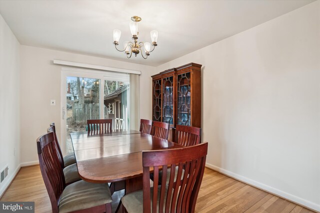 dining area featuring light wood-style floors, baseboards, and a chandelier