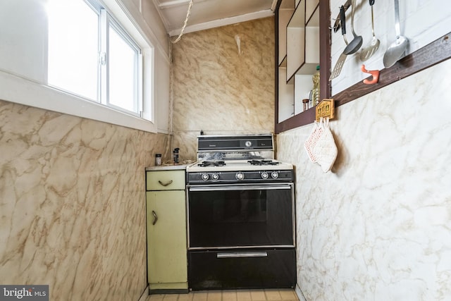 kitchen featuring gas range and green cabinetry