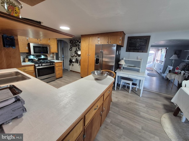 kitchen featuring appliances with stainless steel finishes, sink, and light hardwood / wood-style floors