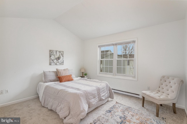 carpeted bedroom with vaulted ceiling and baseboard heating