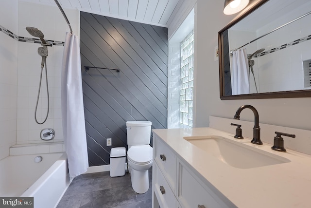 bathroom with toilet, wood walls, shower / bath combo, and vanity