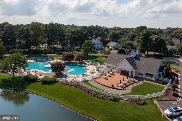 drone / aerial view featuring a water view