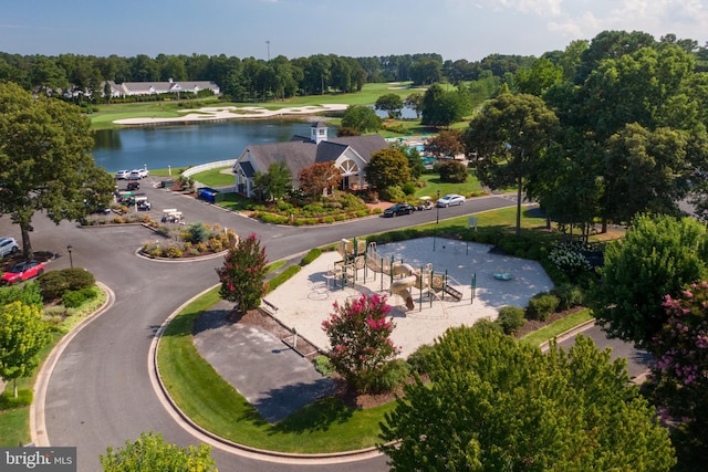 birds eye view of property featuring a water view