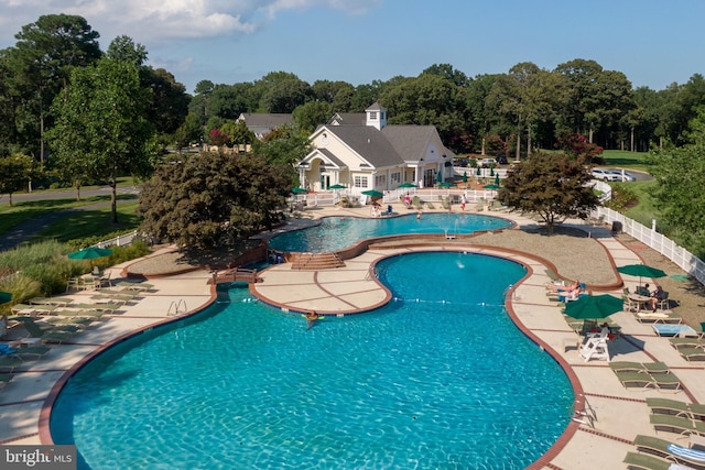 view of swimming pool featuring a patio area