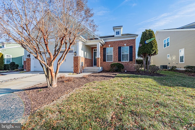 view of front facade with a garage, central AC unit, and a front lawn