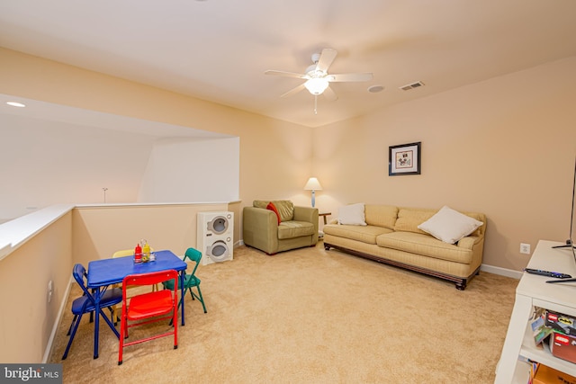 game room featuring carpet floors and ceiling fan