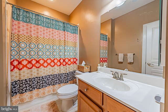 bathroom featuring vanity, tile patterned flooring, toilet, and a shower with shower curtain